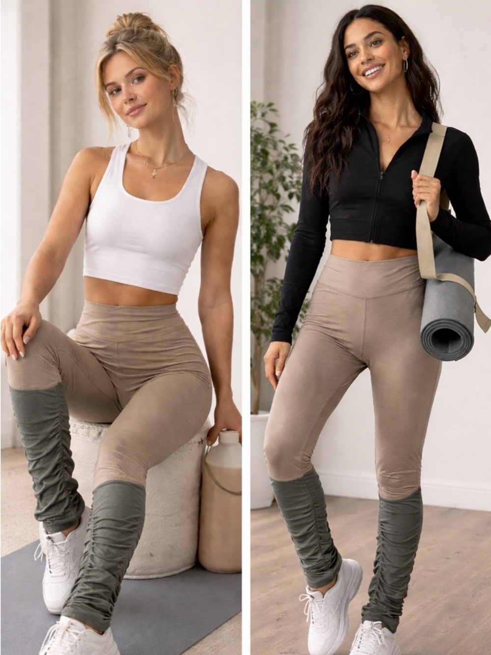 Core 10 Ballerina Yoga Leggings 1X Plus Beige Gray Ruched Cinch Hem Athleisure